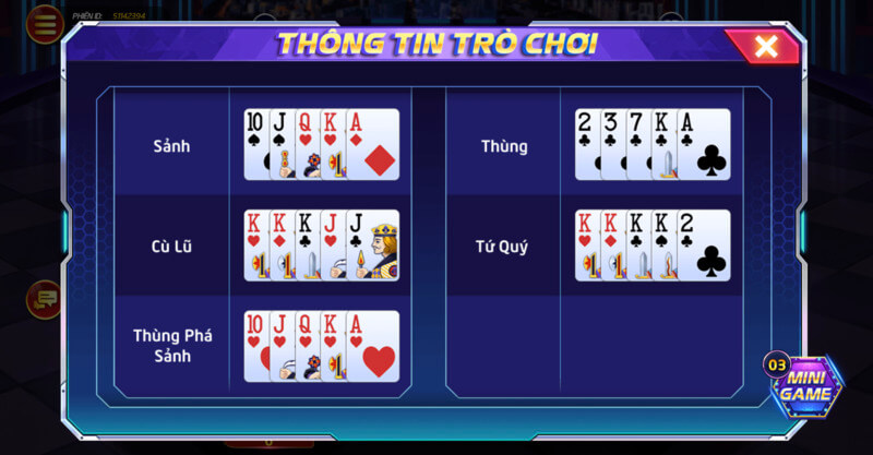 Cù lũ, Tứ quý, Thùng phá sảnh là những Poker Hand có điểm cao nhất